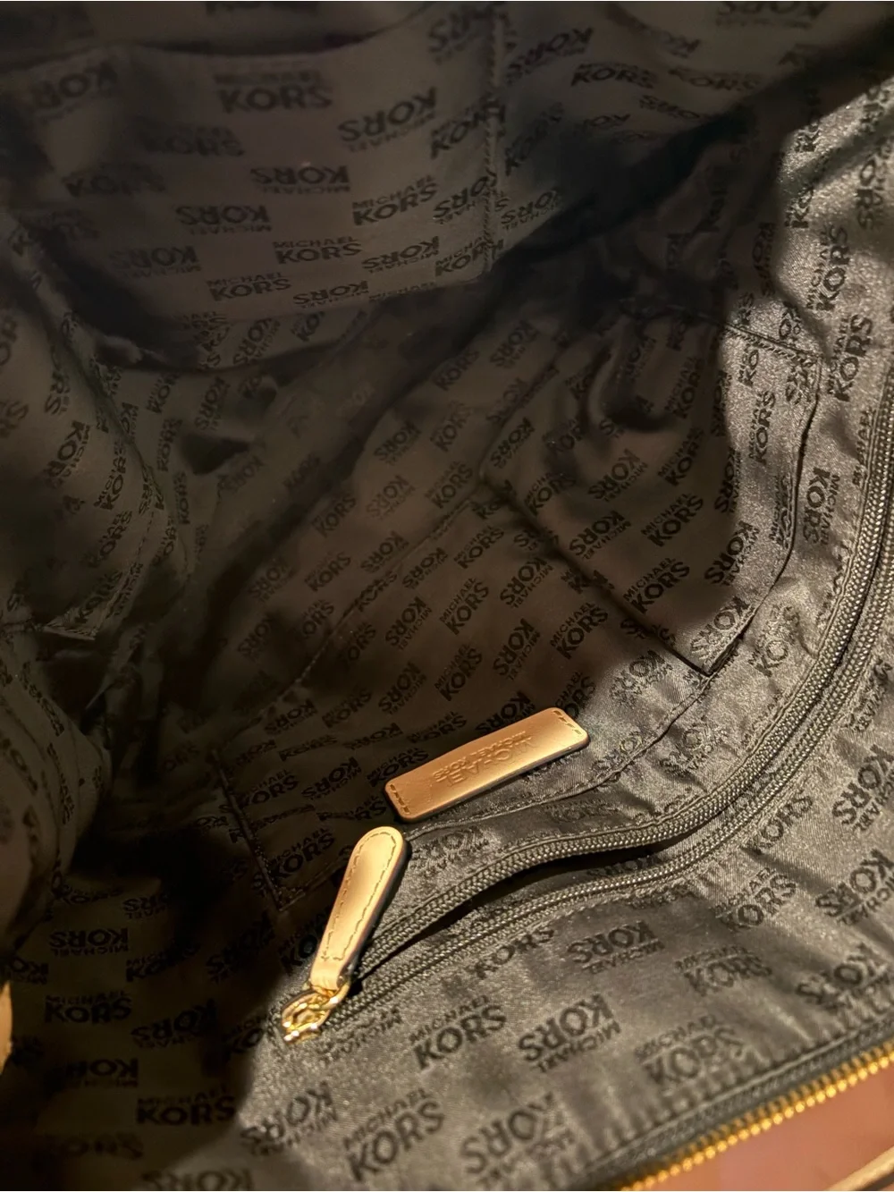 Michael Kors Black Leather Tote with Tan Straps and Gold MK Charm